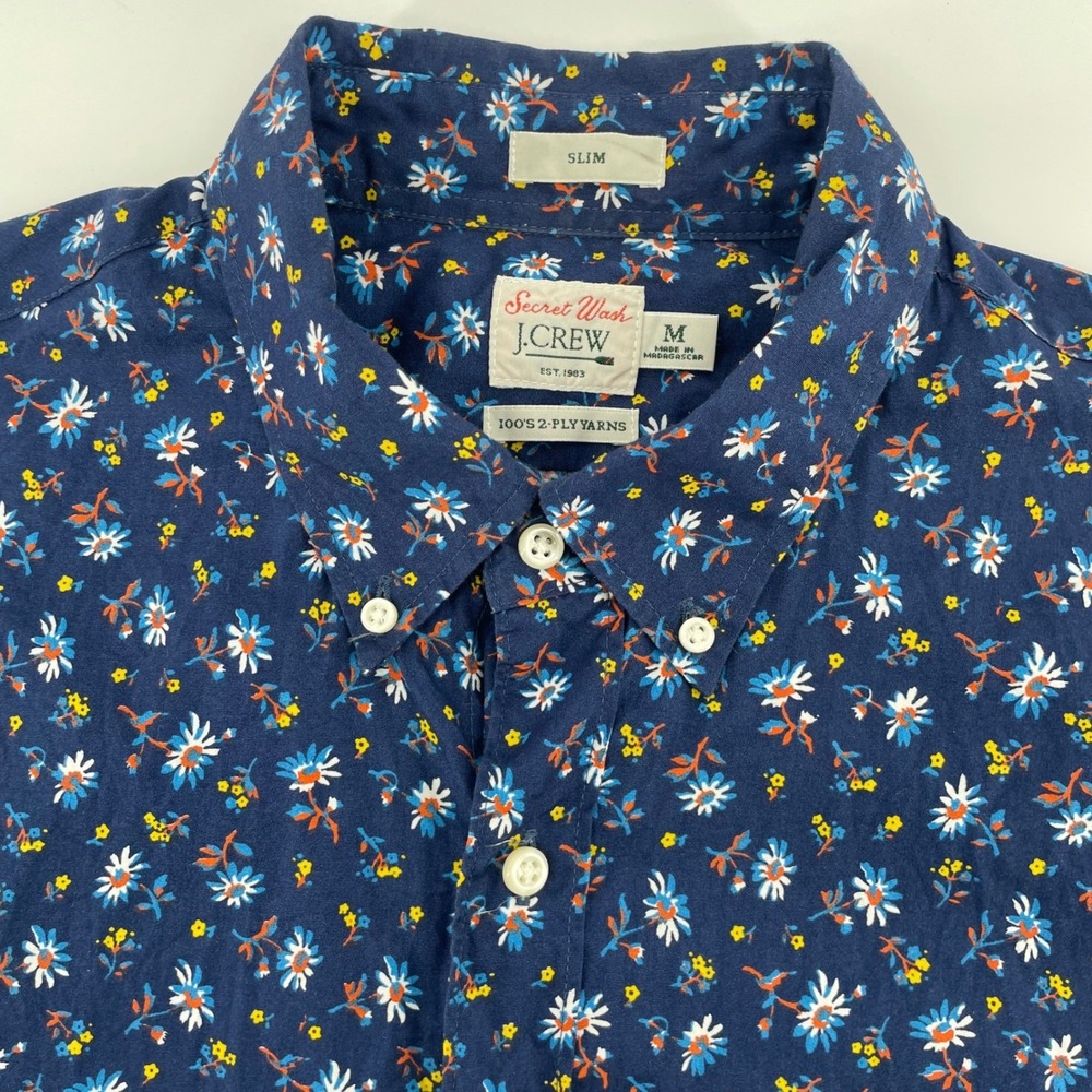 J.Crew Secret Wash Slim Fit Short Sleeve Floral Button Up Shirt Mens Medium Navy